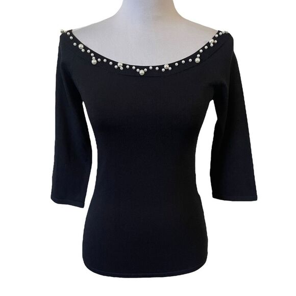 Anne Fontaine Primera Top Black Off The Shoulder Sweater With Pearls Size 38 (US - Picture 1 of 12